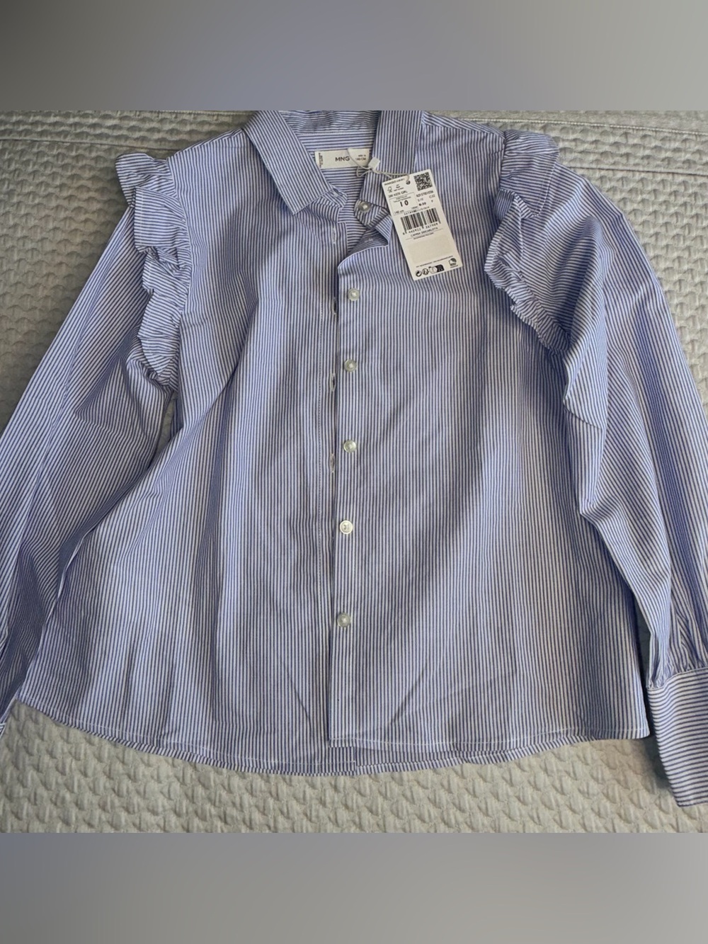 Mango Girls Blue and White Pinstripe Ruffle Collar Shirt